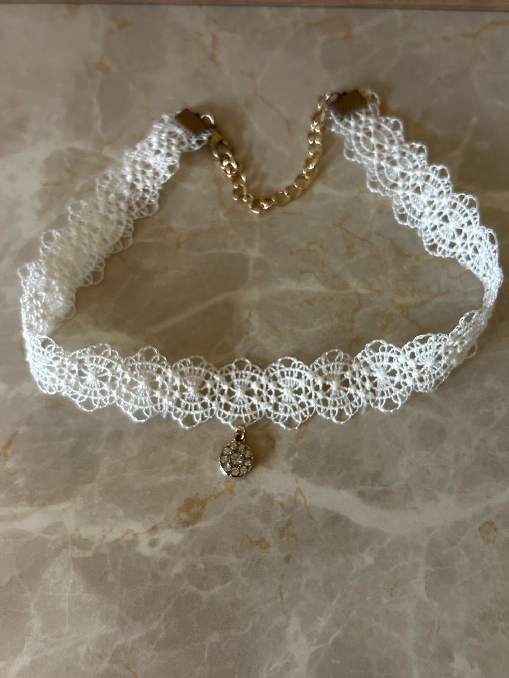 Set of 3 -Delicate White Lace Choker Necklace with Gold Charm/gold chain chocker